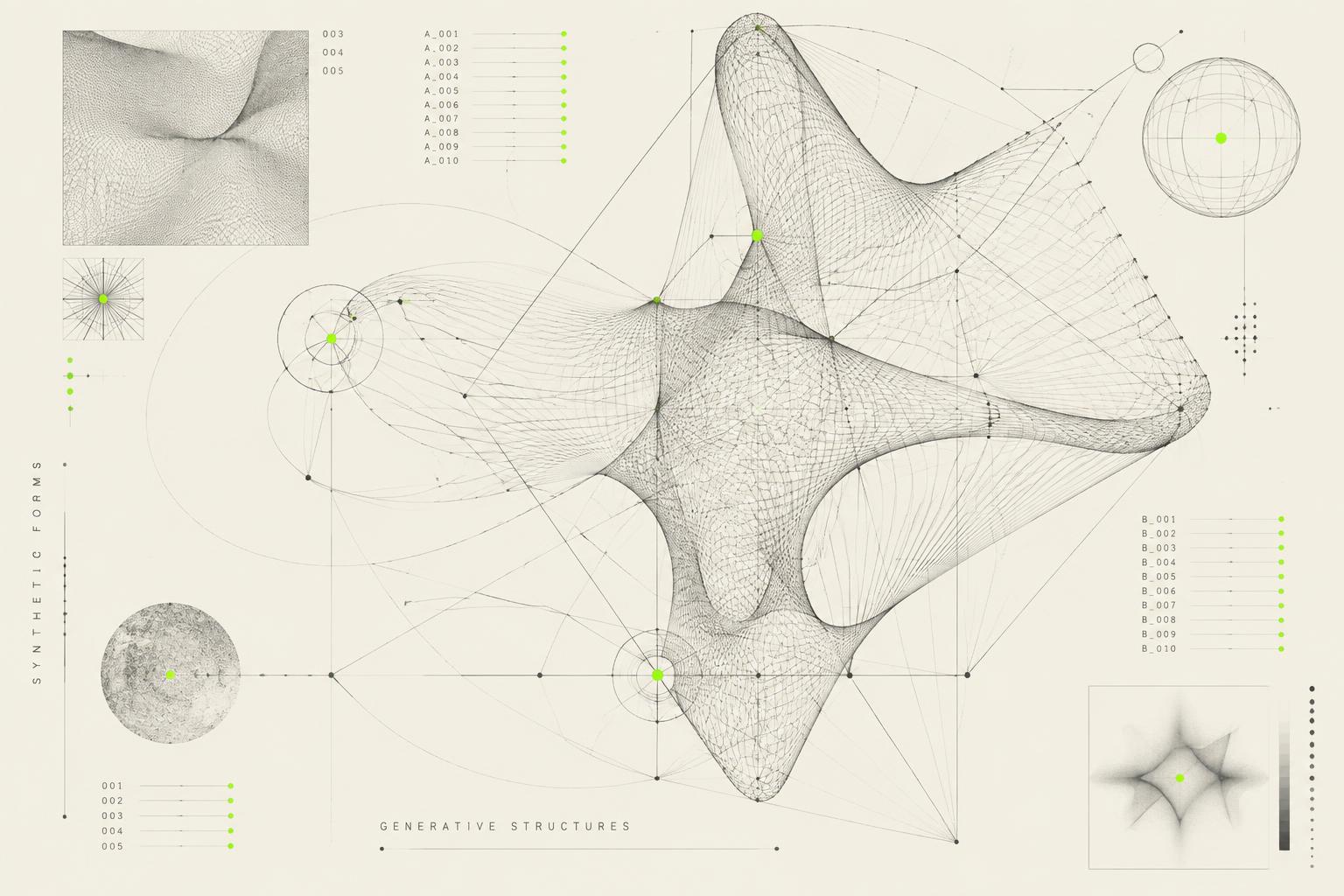 Abstract technical diagram of a generative wireframe structure with annotated measurement lines